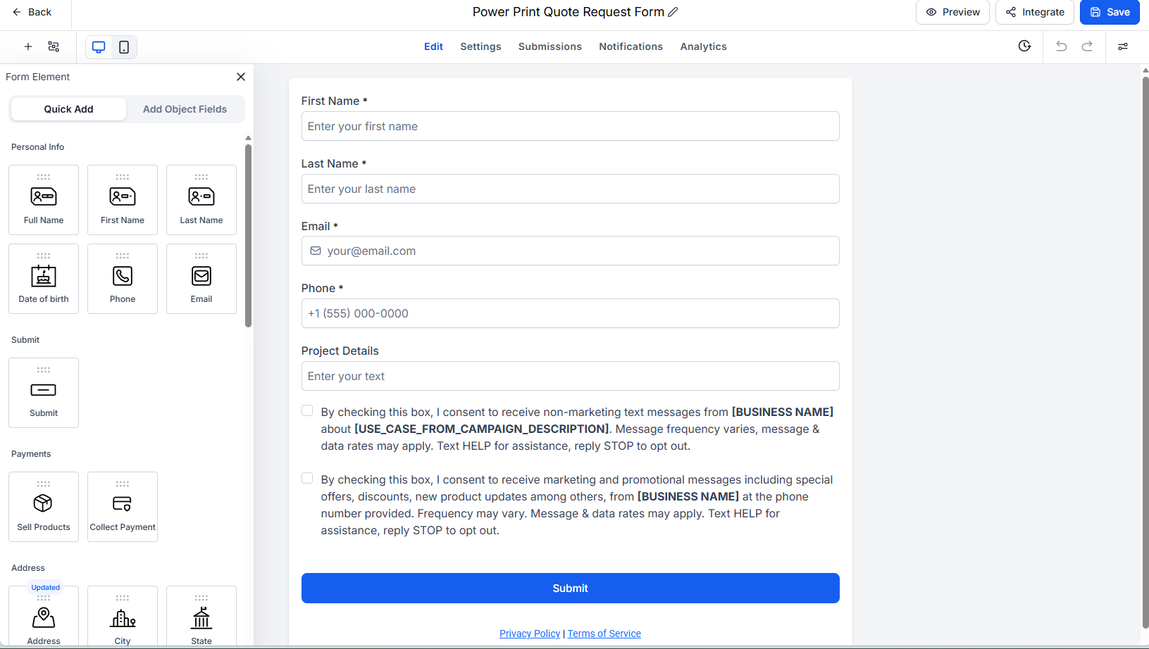GoHighLevel quote request form builder for Power Print