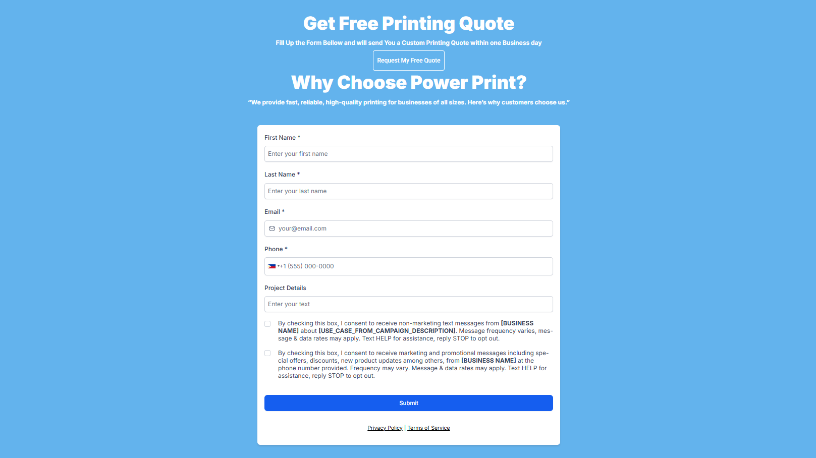 Power Print quote request form, with fields for customer and print job details