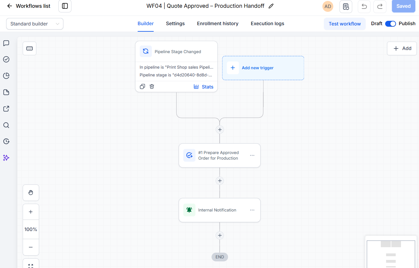 GoHighLevel quote approved workflow with production stage update and internal notification