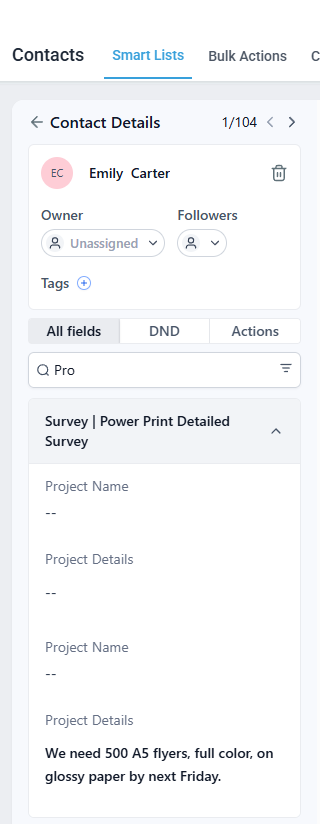 GoHighLevel contact record with submitted print quote details