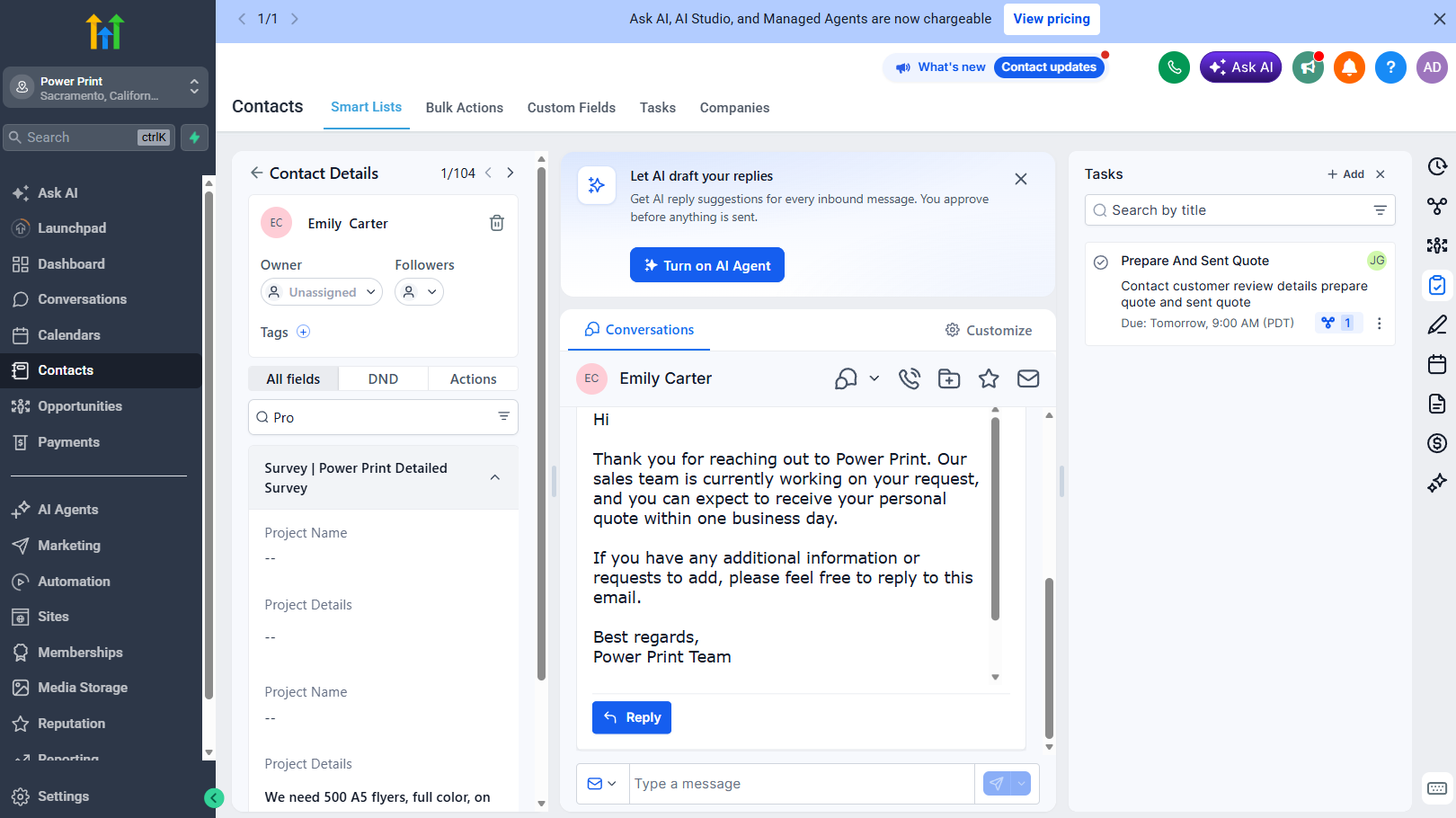 GoHighLevel contact conversation showing a quote request acknowledgement