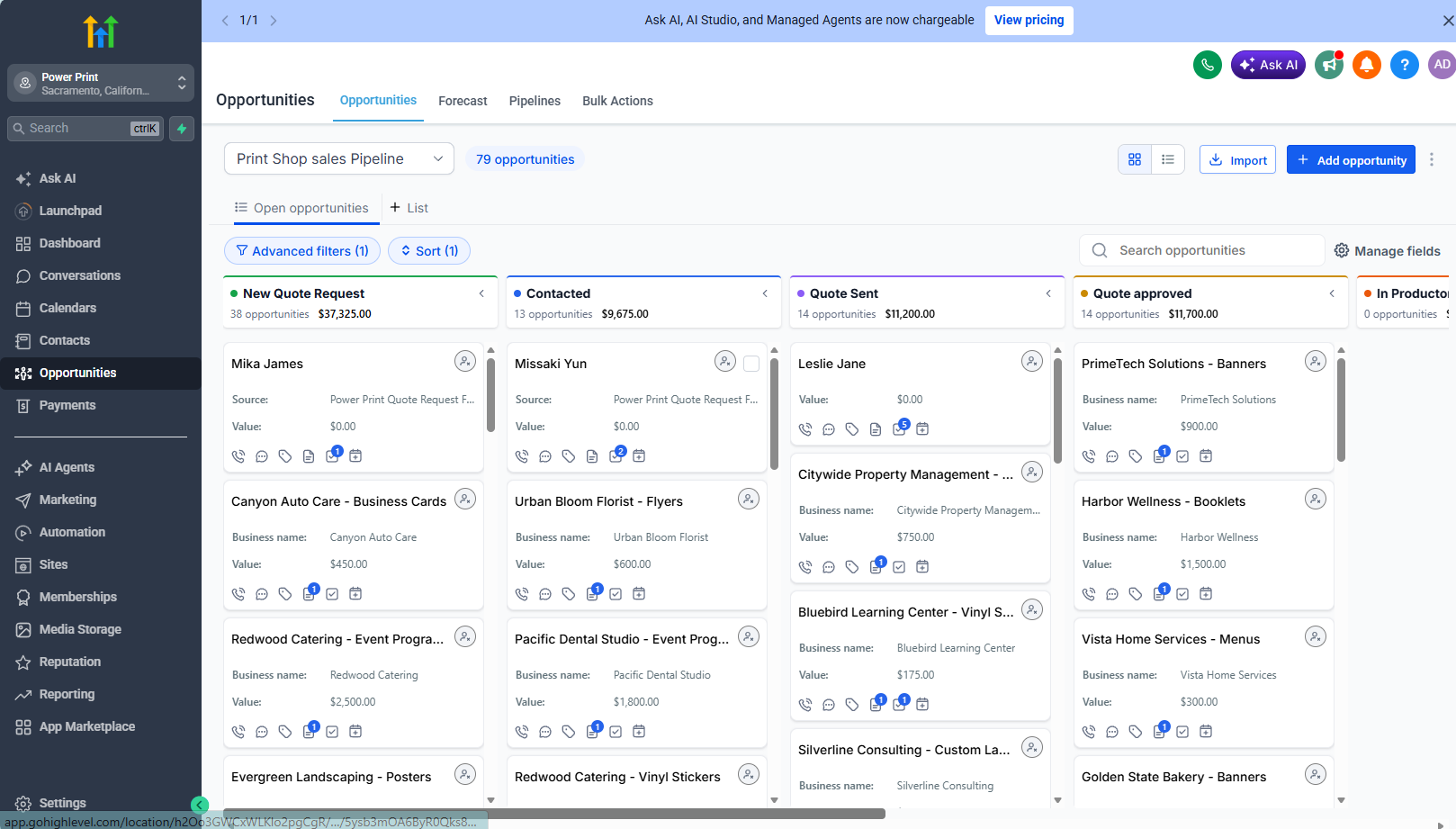 Power Print sales pipeline with jobs organized by stage